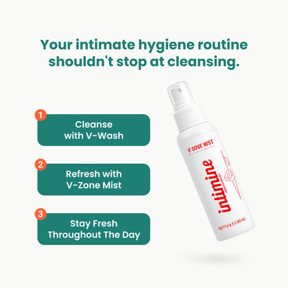 Complete intimate hygiene routine with Intimine V-Wash for cleansing, V-Zone Mist for refreshing, and all-day freshness.