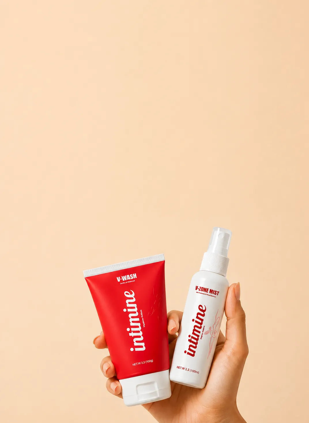 Intimine V-Wash and V-Zone Mist bundle for feminine intimate hygiene, pH-balanced wash and long-lasting freshness mist.