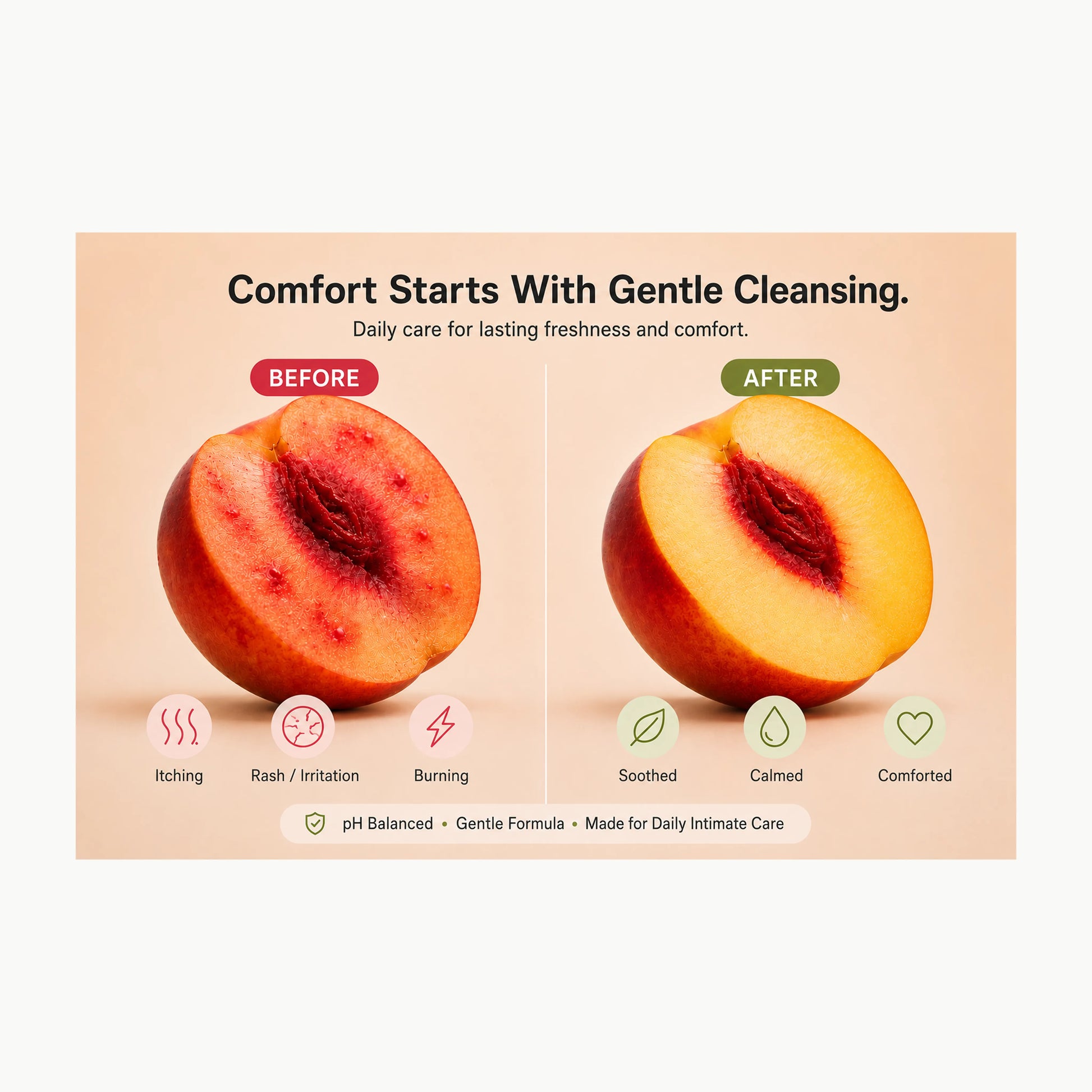 Before and after illustration showing comfort after using Intimine V-Wash