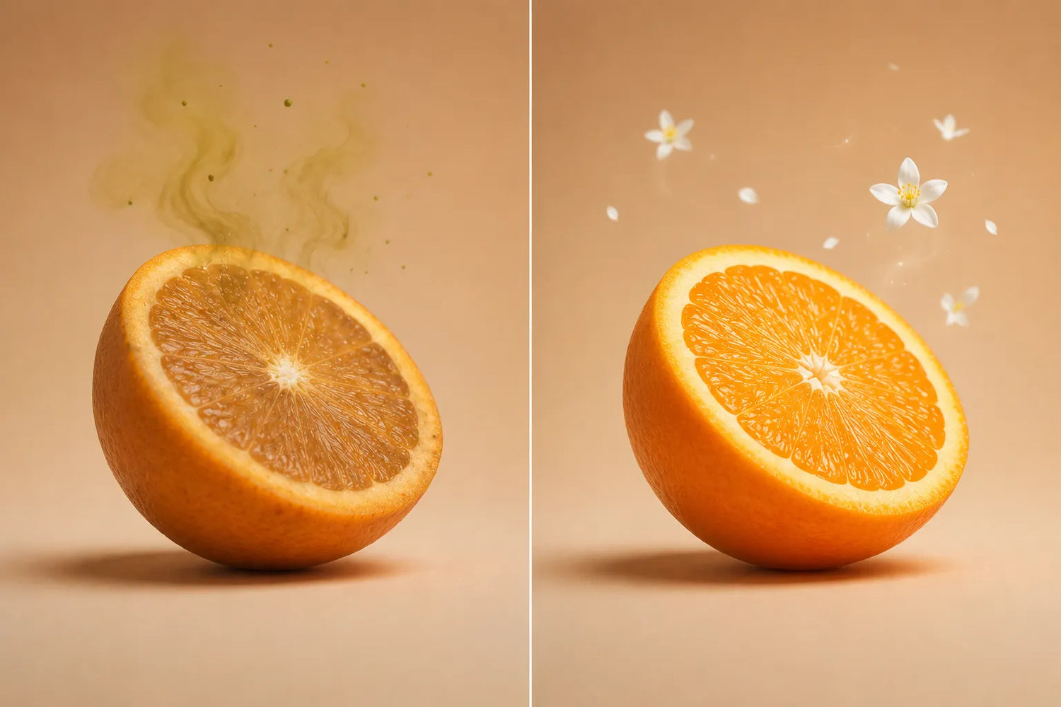 Before and after peach visual representing everyday intimate freshness and comfort with Intimine V-Zone Mist.