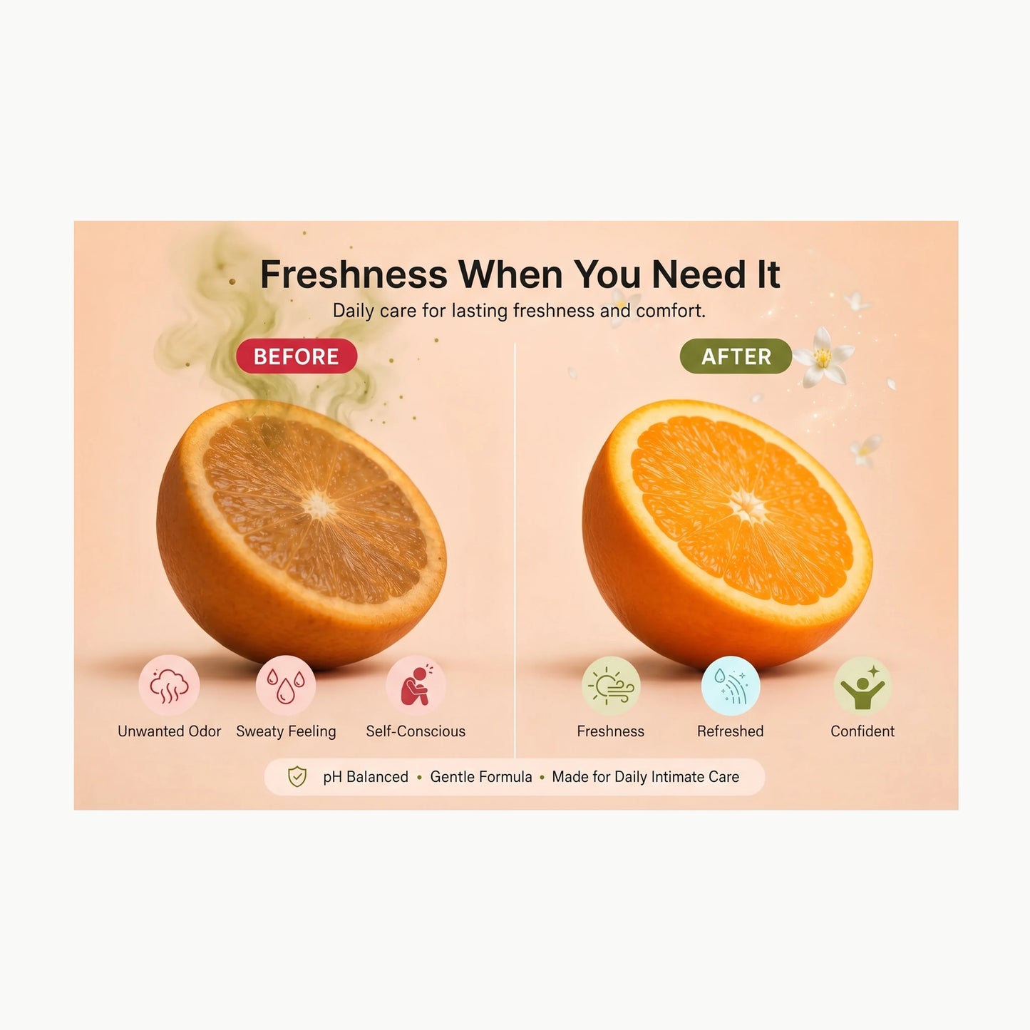 Before and after illustration showing the refreshing and comforting effects of Intimine V-Zone Mist