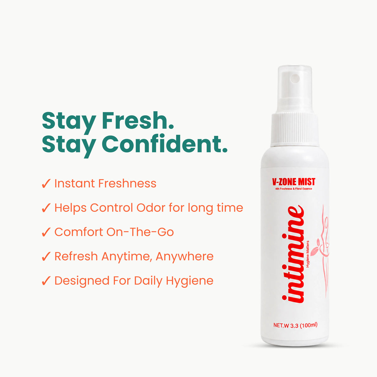 Intimine V-Zone Mist intimate hygiene spray highlighting instant freshness, long-lasting odor control, comfort on the go, and daily hygiene benefits.